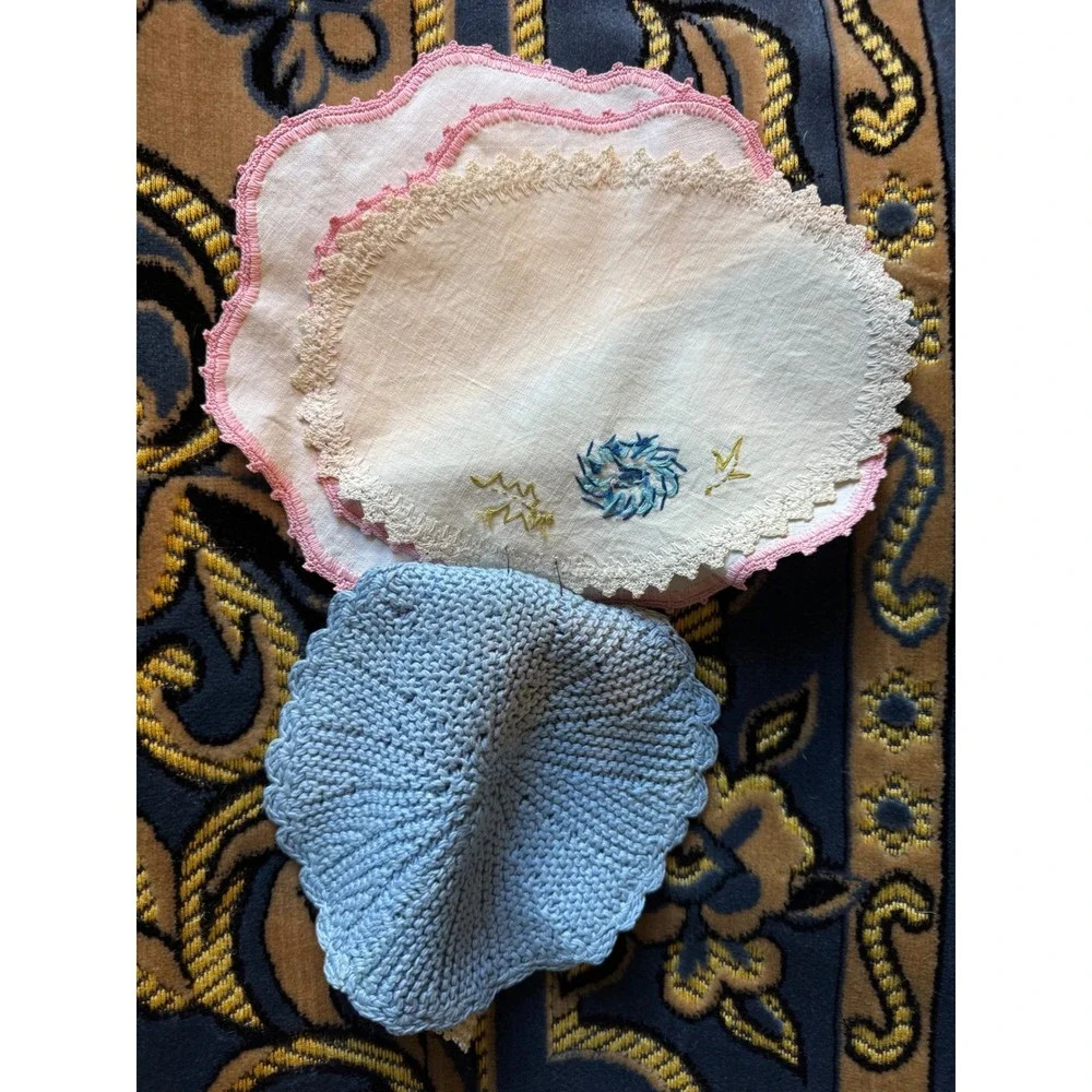 Vintage Linen Doilies Crochet Lace Edging Pastel Pink Blue Cream Set Cottagecore